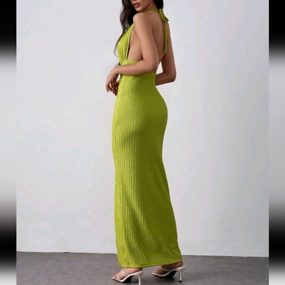 Sexy Solid Color Hollow Backless High Slit Halter Neck Dress - Picture 2 of 5